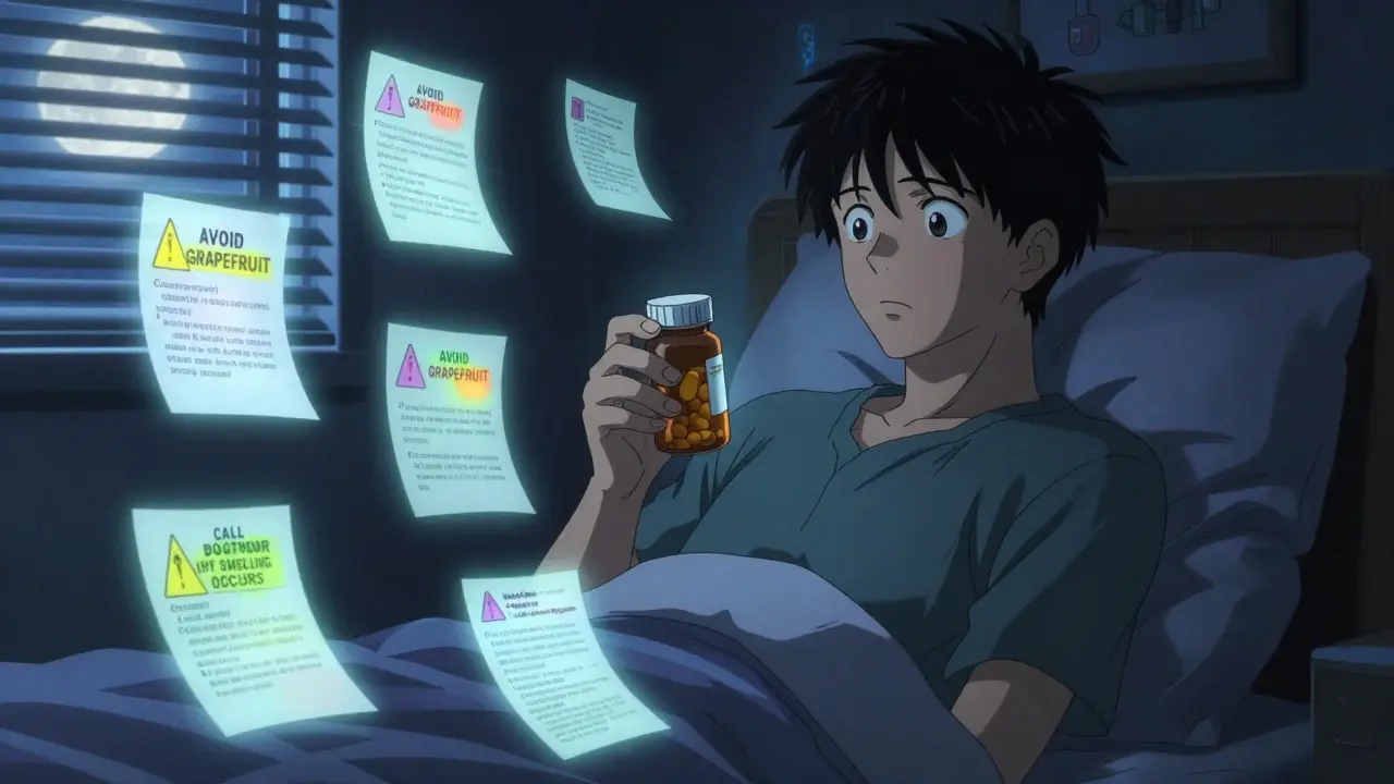 Person in bedroom surrounded by glowing prescription safety notes at night