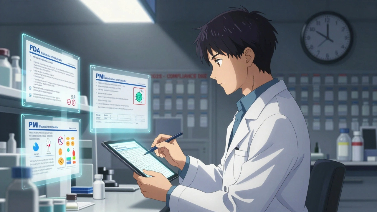 Pharmaceutical technician designing a FDA-compliant Patient Medication Information template on a digital tablet.