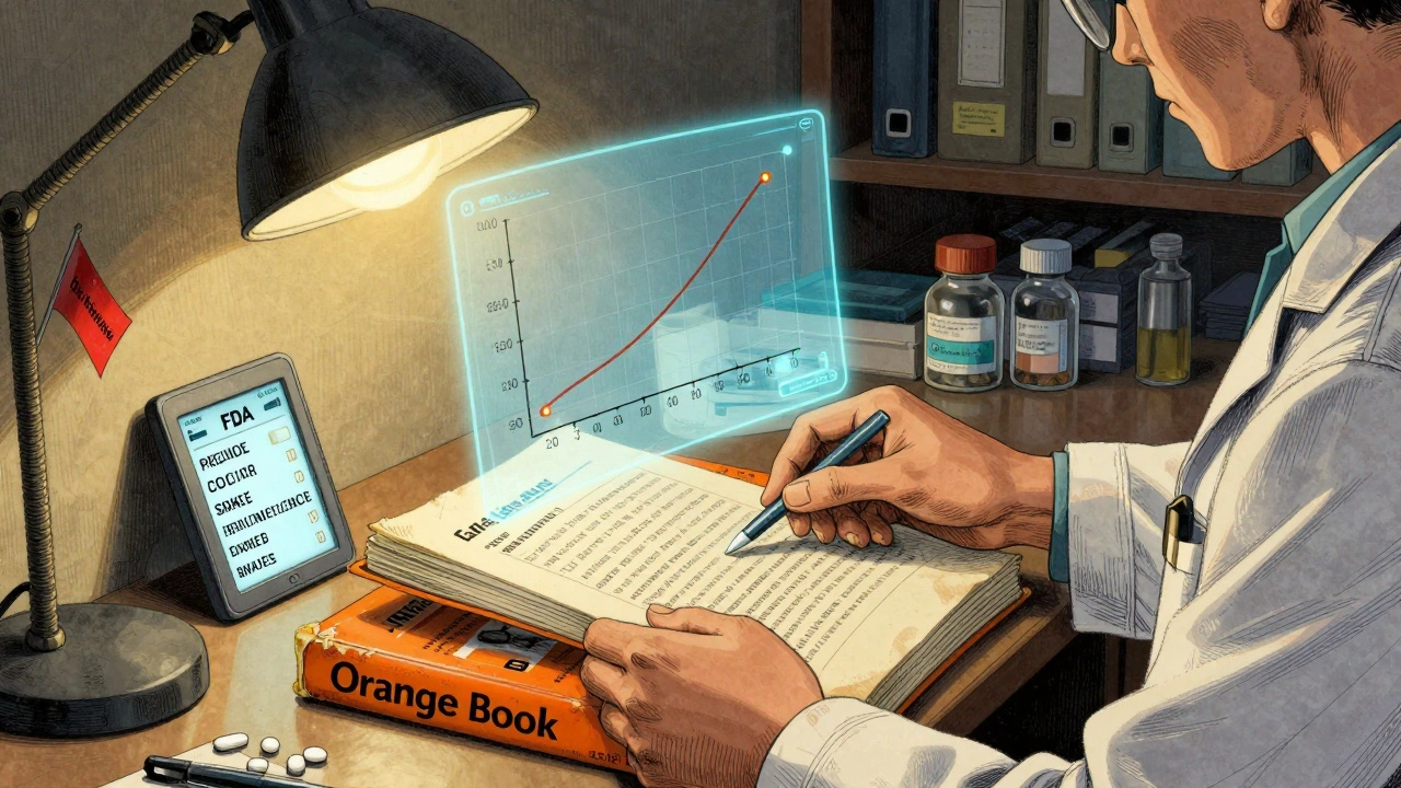 Pharmacist&#039;s hands reviewing the Orange Book with bioequivalence graphs floating nearby.