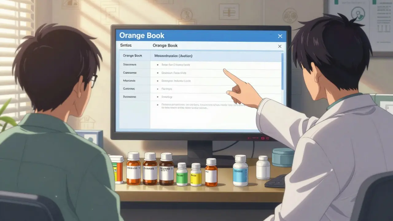 Pharmacist and patient reviewing FDA authorized generic information on a digital screen in a sunlit room.