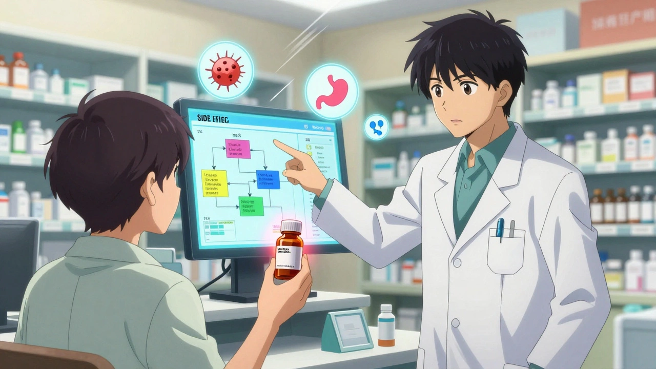 Pharmacist explaining drug reactions using a digital flowchart while patient holds penicillin bottle.
