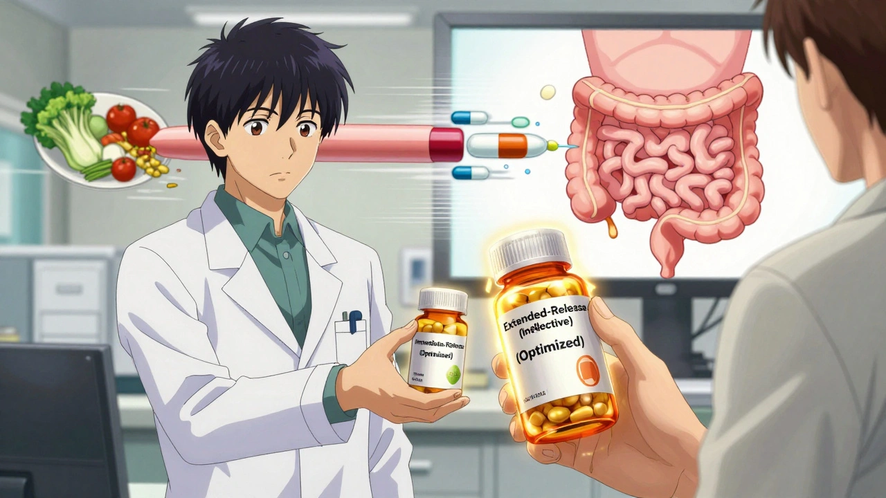 Pharmacist giving two pill bottles to a patient—one ineffective, one optimized—after bariatric surgery.