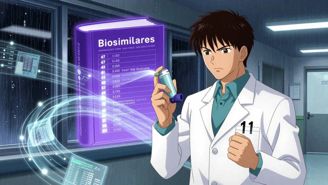 Pharmacist holding inhaler with data streams and Purple Book glowing in dark hallway.