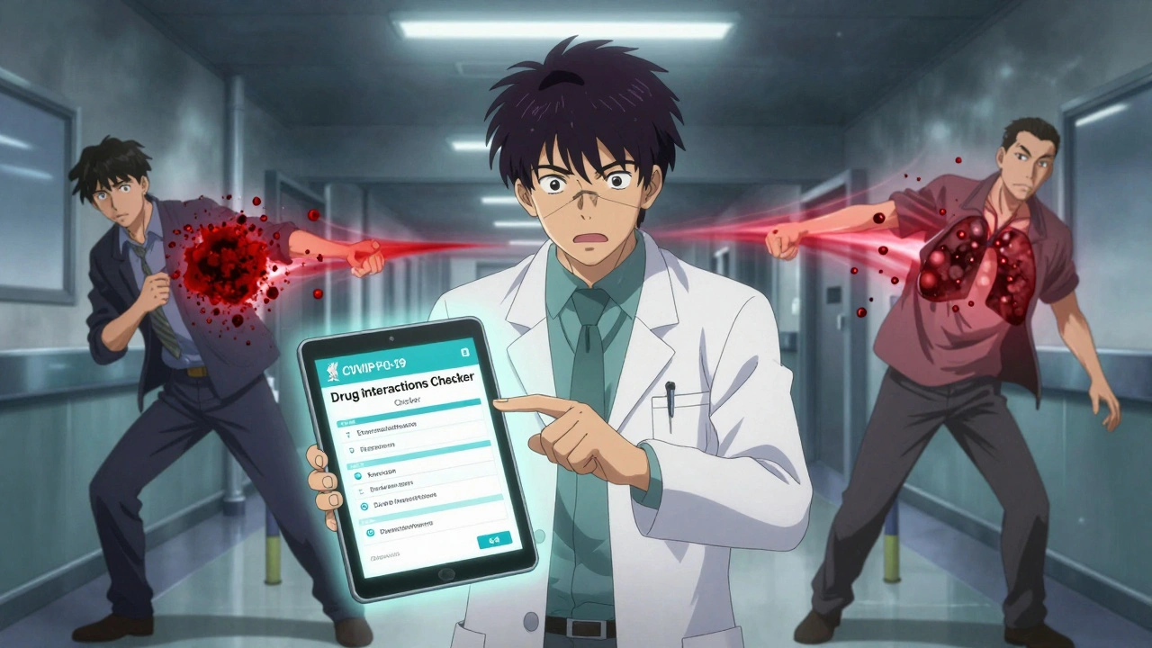 Pharmacist pointing at a digital drug interaction checker as two patients are pulled by opposing medical forces.