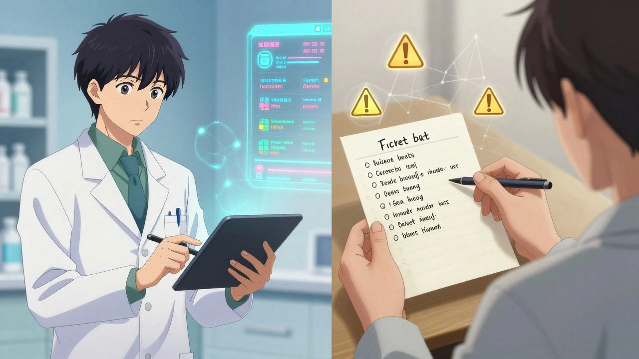 Pharmacist reviewing digital medication data while patient holds handwritten drug list.