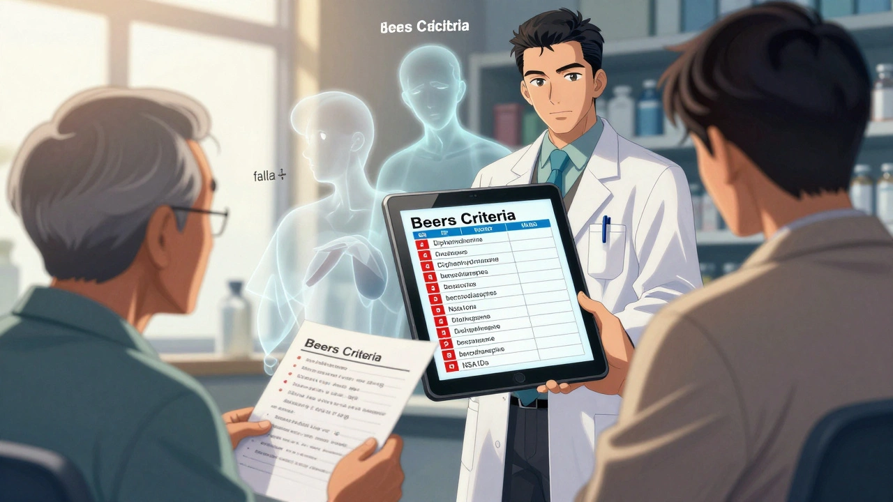 Pharmacist reviewing medication list with senior patient, Beers Criteria warnings visible on a screen.