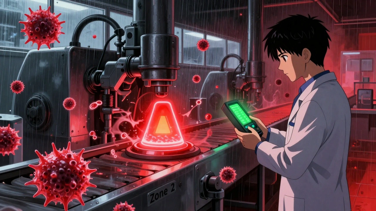 Red contamination alert glows above a food conveyor belt as airborne pathogens swirl in the air.