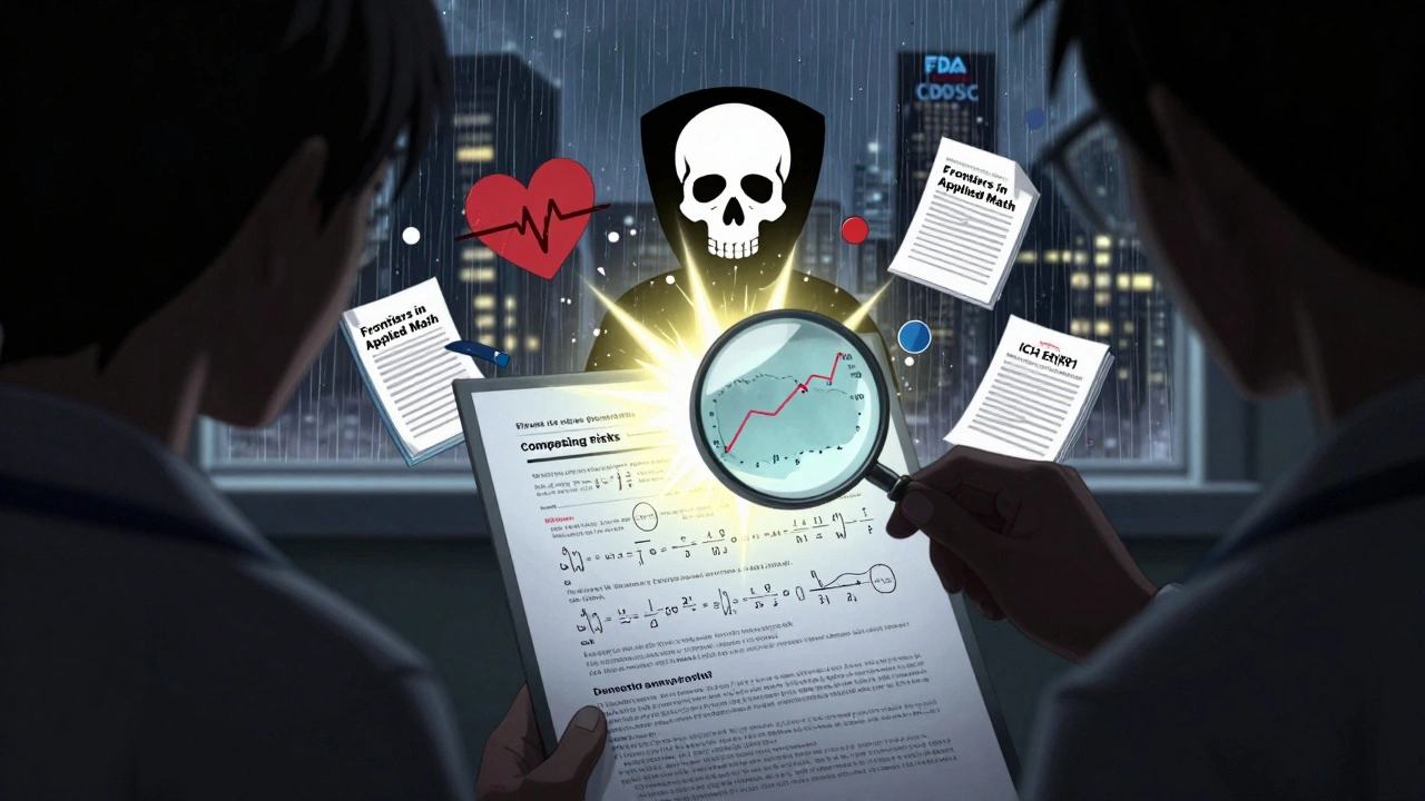Regulatory reviewer uncovering hidden competing risks with a magnifying glass over a patient&#039;s chart.