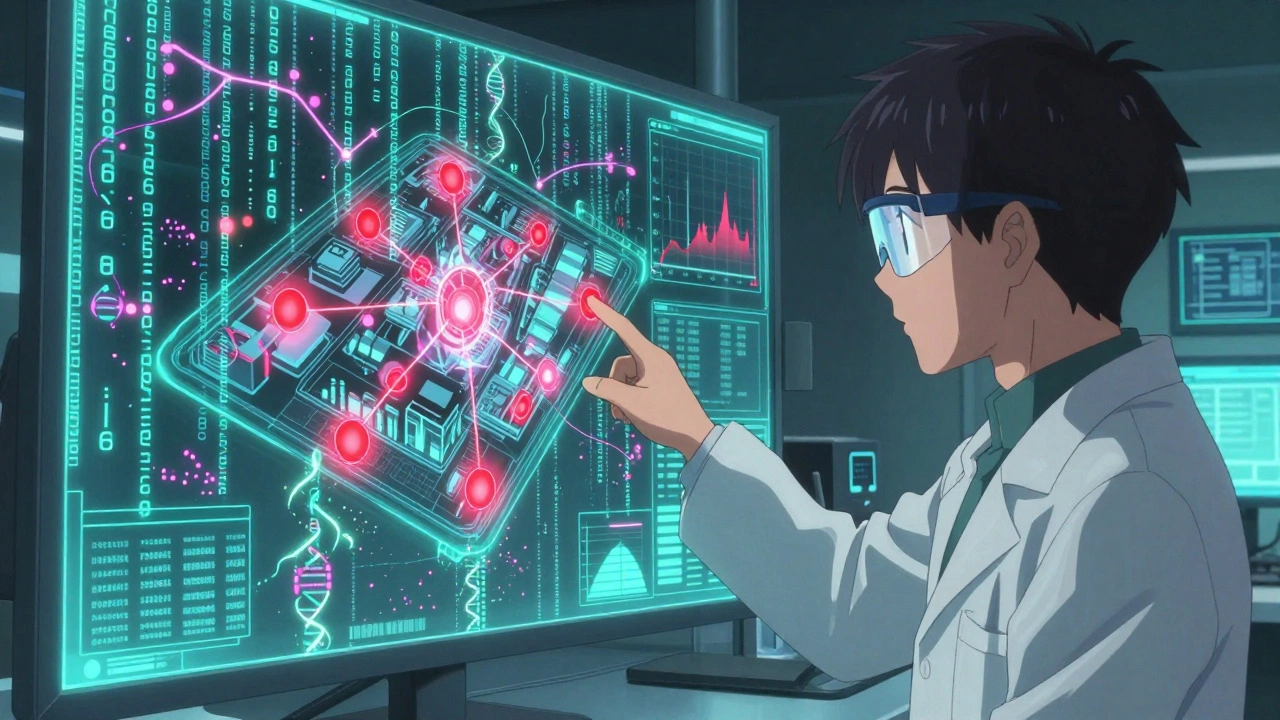Scientist analyzing a 3D factory zone map with glowing contamination hotspots and digital data streams.