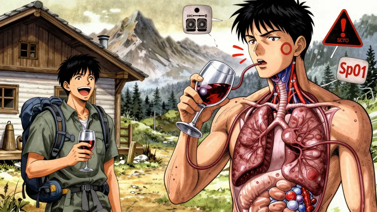 Split-panel illustration of a hiker drinking wine, with internal lungs collapsing from sedative effects.