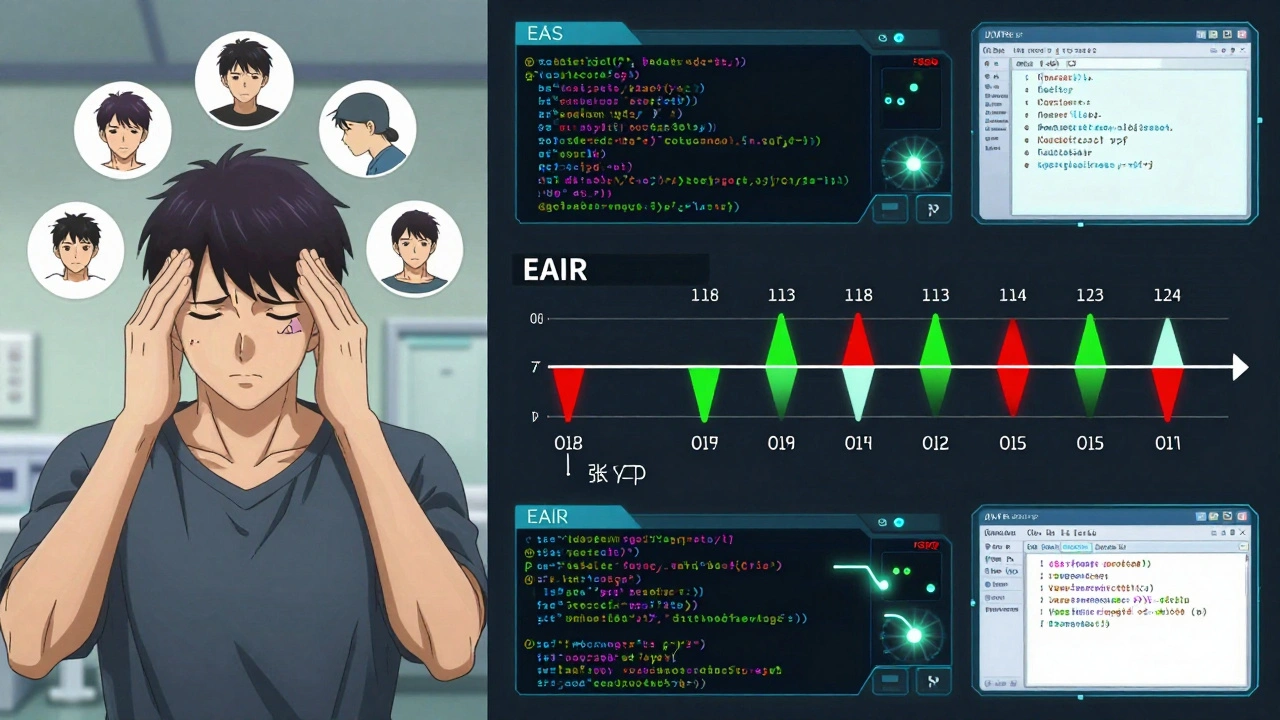 Split-panel medical dashboard comparing EIR&#039;s inflated headache count with EAIR&#039;s accurate treatment timeline.