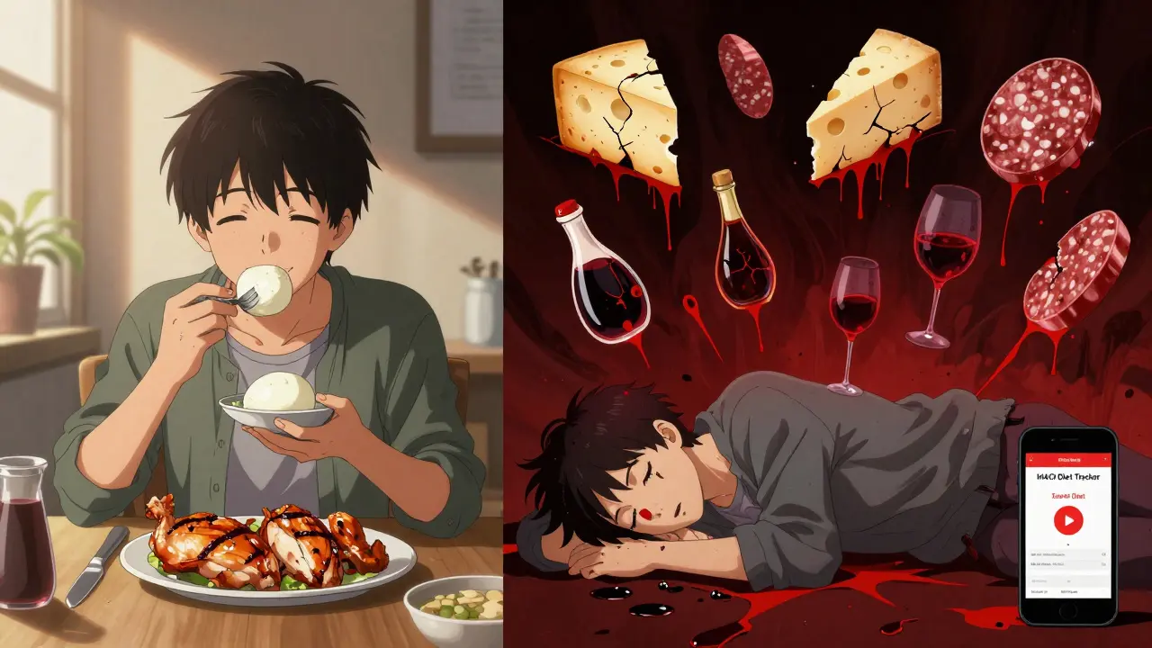 Split scene: calm person eating safe food vs. same person collapsed amid floating images of tyramine-rich foods and a red-alert diet app.