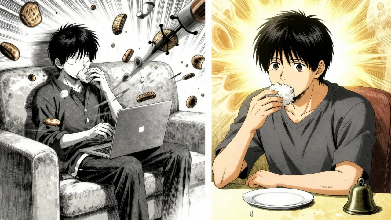 Split scene: chaotic binge on left, calm mindful eating on right, with a single tear falling onto the table.