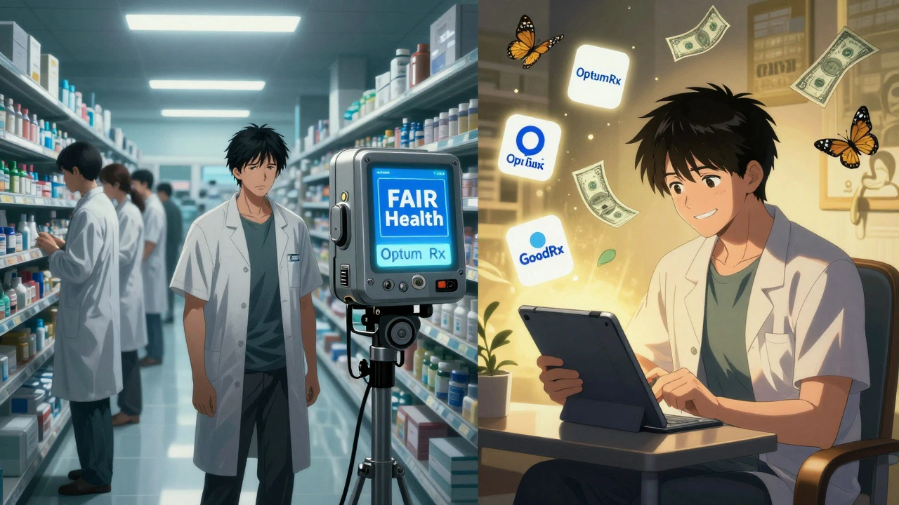Split scene: frustrated pharmacy line vs. calm home comparison with price tools as floating icons.