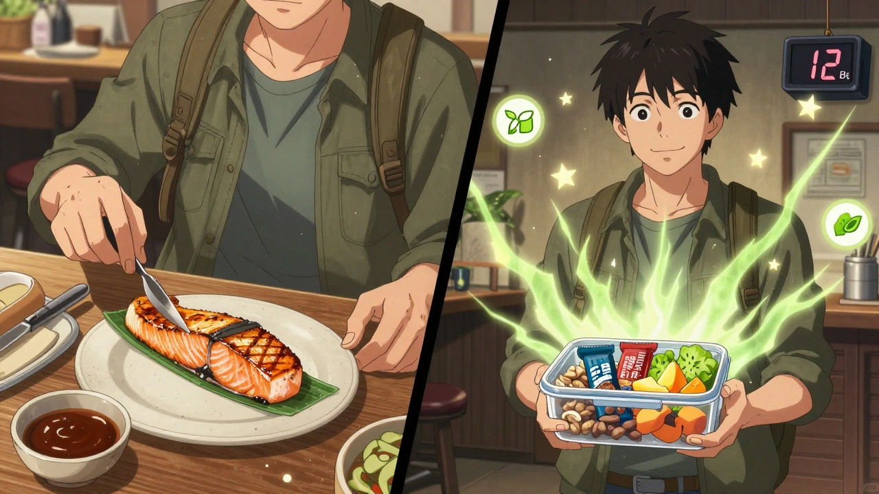 Split scene of traveler sharing a meal at a restaurant and packing snacks at home, symbolizing preparation and discipline.