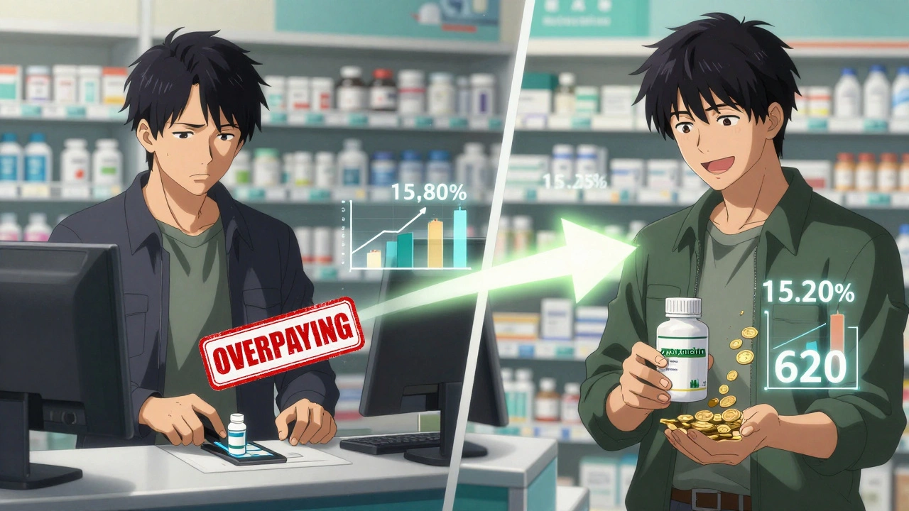 Split scene: patient paying high vs low price for medication with savings arrow.