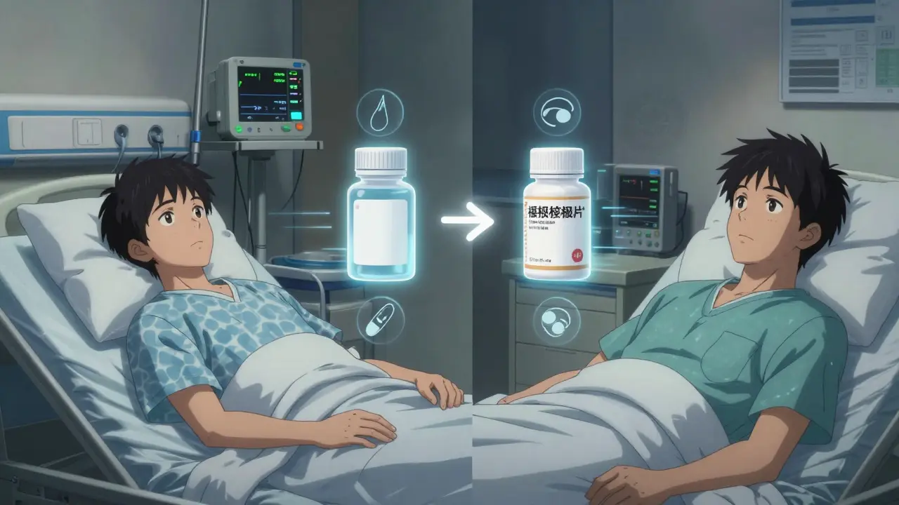 Split scene: patient with unstable vitals after regular generic vs. stable after authorized generic switch.