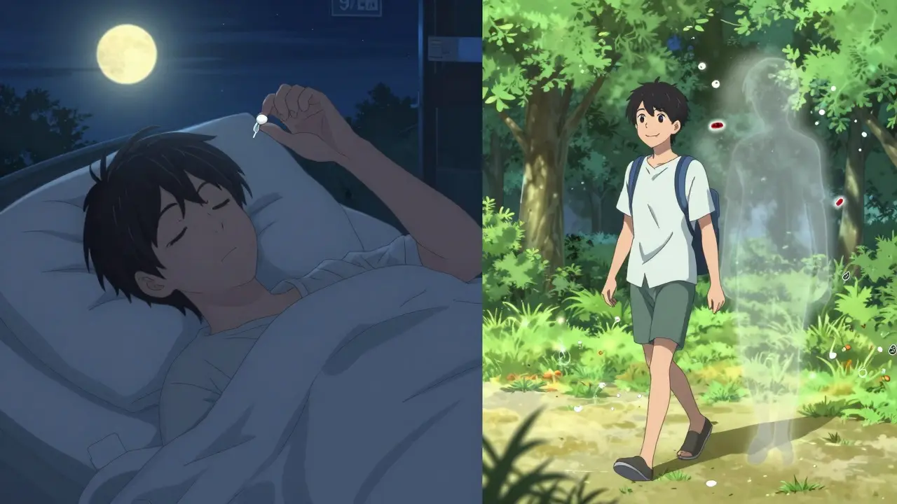 Split scene: person taking medication at night sleeping peacefully, same person energized walking in sunlight the next morning.