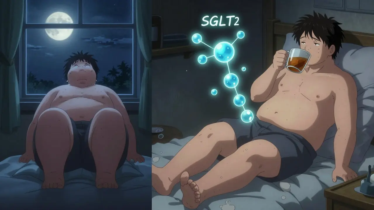 Split scene: person with edema at night versus same person elevating legs at dawn with healing light effects.