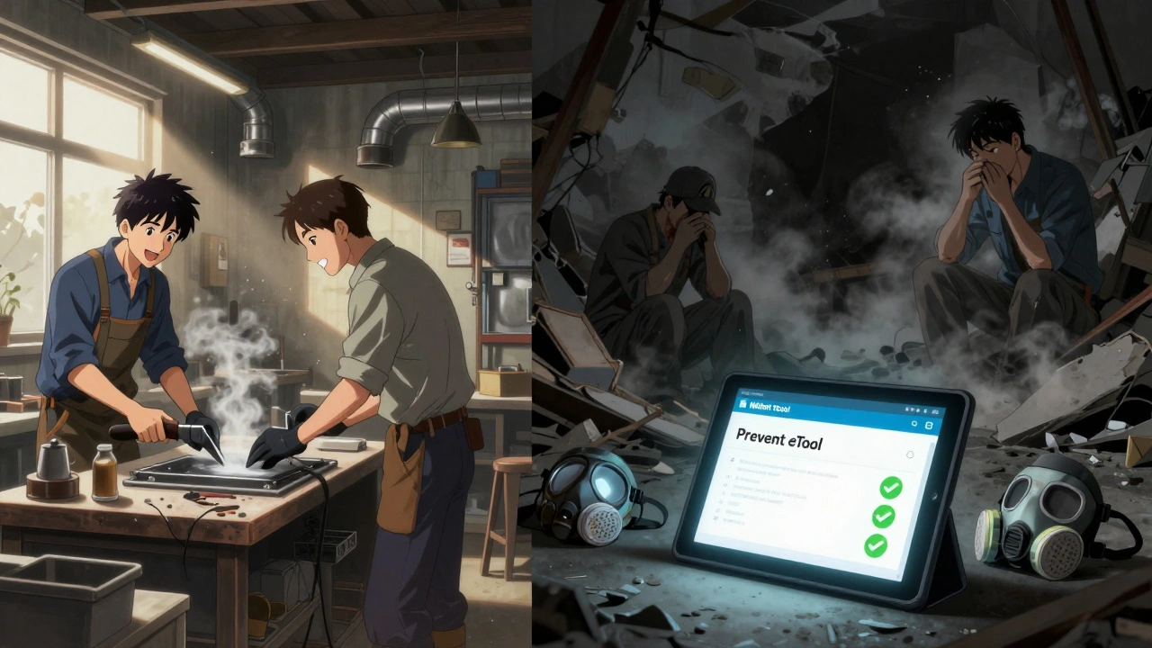 Split scene: safe workshop with proper equipment vs. dangerous demolition site, abandoned mask on ground, digital prevention tool glowing.