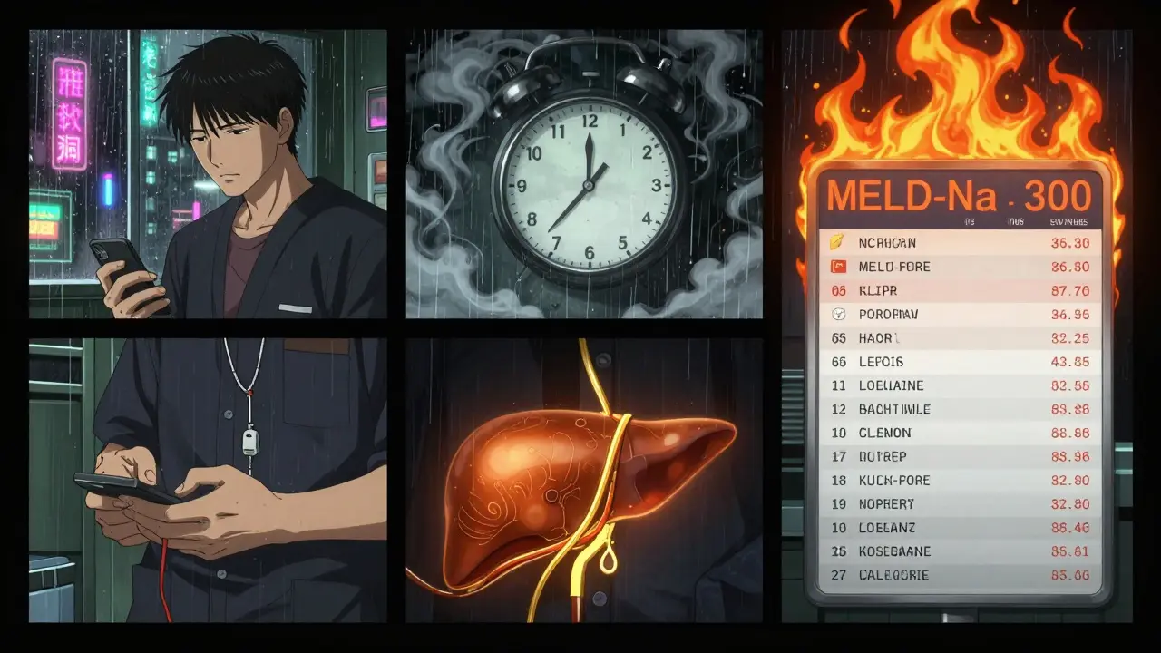 Three timelines: man checking creatinine, TIPS procedure, and rising transplant list with burning MELD-Na scores.