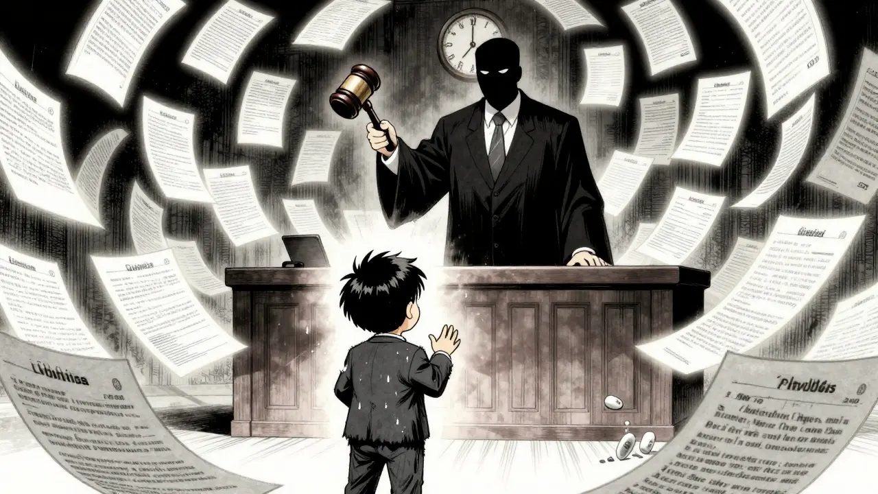 Tiny generic manufacturer overwhelmed by hundreds of floating patent documents in courtroom.