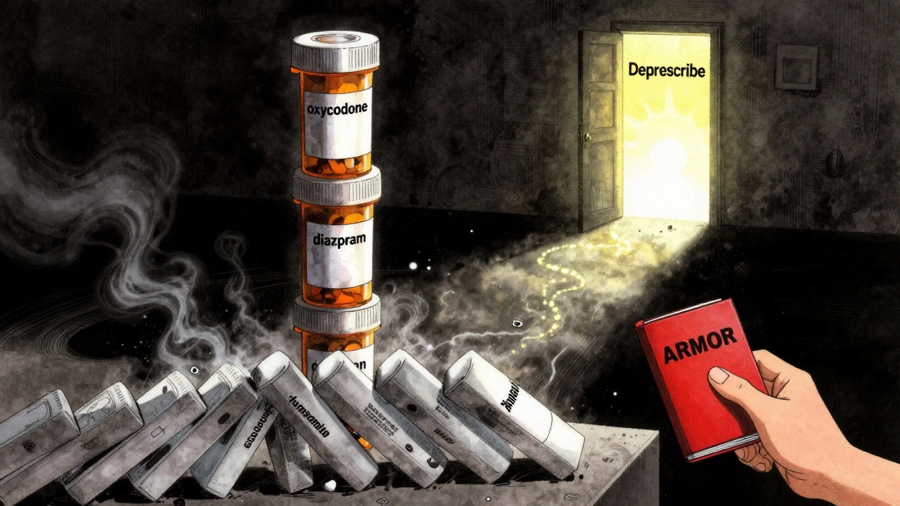 Tower of prescription bottles collapsing into darkness as a hand reaches for a notebook labeled &#039;ARMOR&#039;.