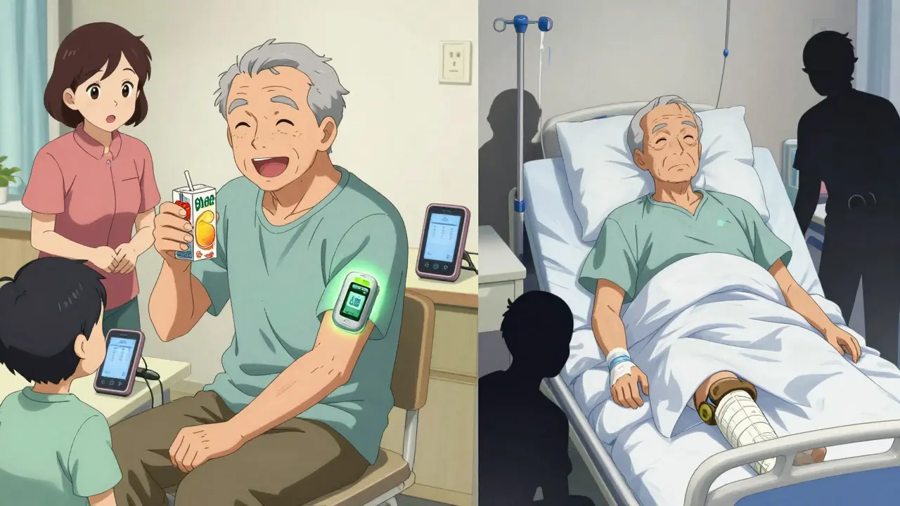 Two elderly patients side by side: one safe and supported with a CGM, the other hospitalized after a fall from hypoglycemia.