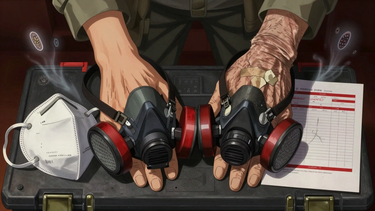 Two pairs of respirators side by side—clean vs. damaged—with silica and asbestos fibers floating above, spirometry report nearby.