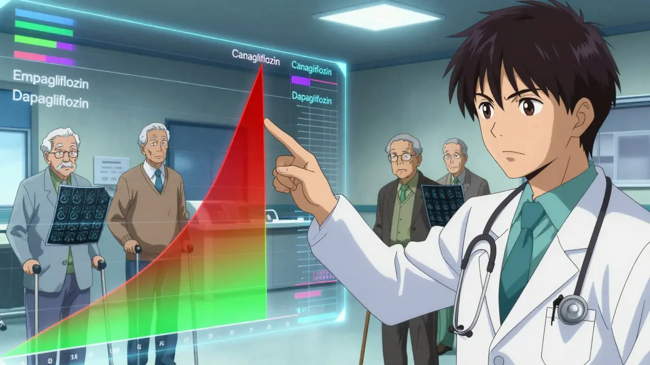 A doctor presenting a holographic graph with a sharp red fracture risk spike for canagliflozin versus safe green lines for other drugs.