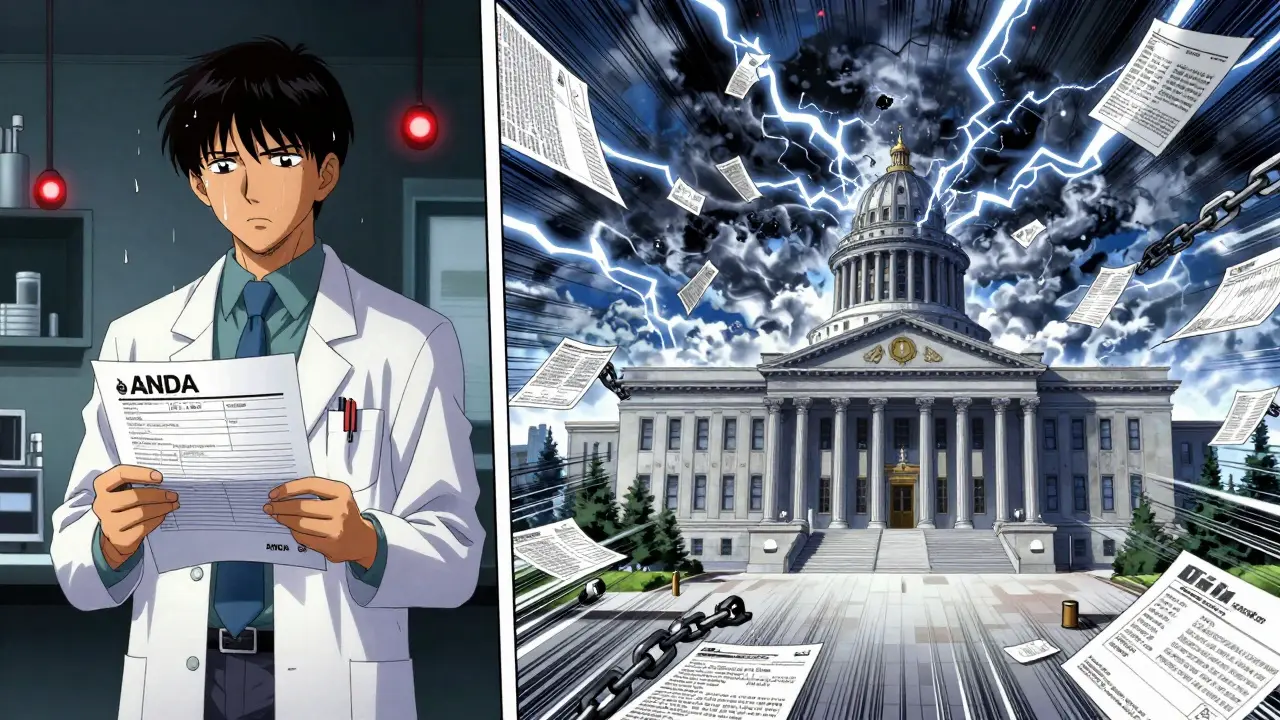 A generic drug developer in a lab faces a looming Delaware courthouse surrounded by digital patent chains.