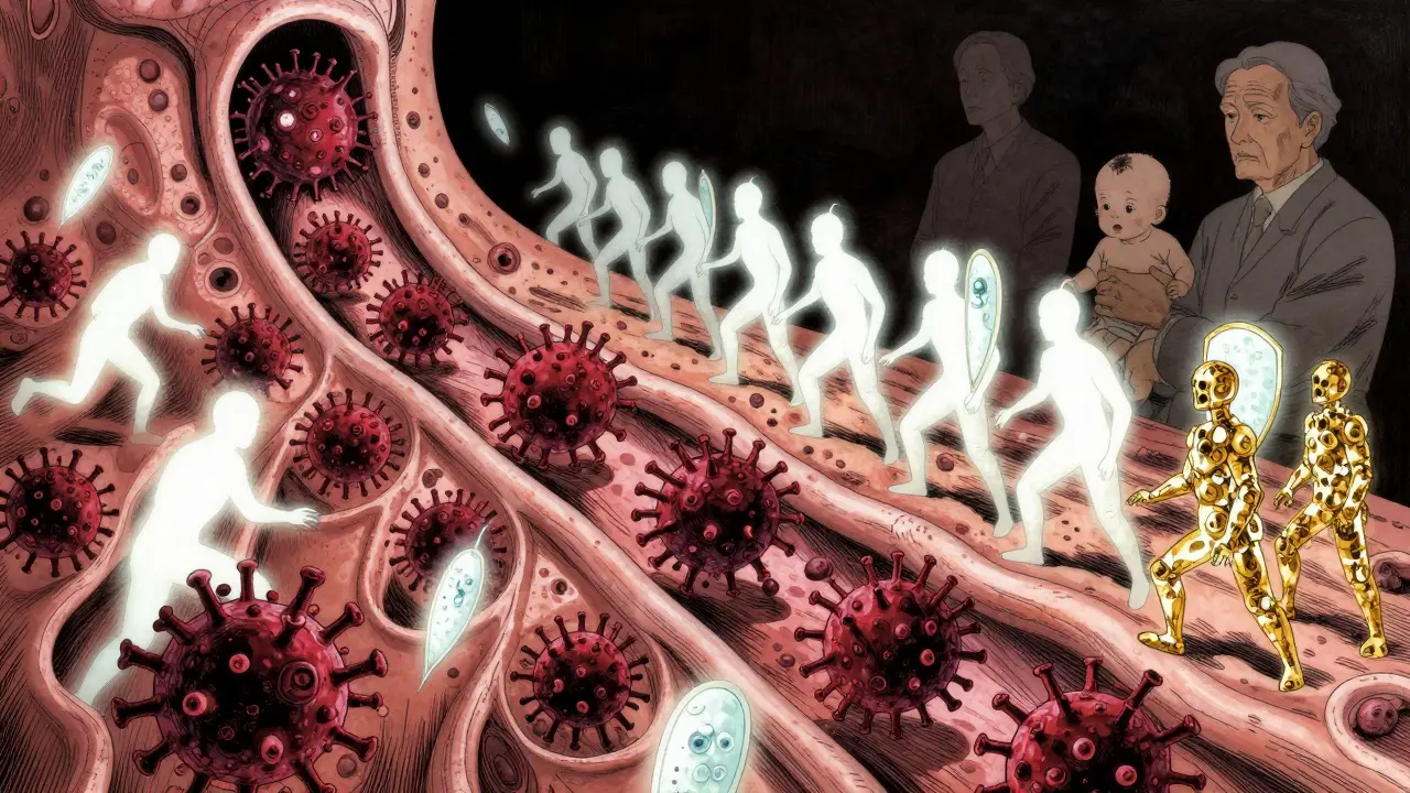 A microscopic battle inside airways: RSV viruses attacking lung passages, defended by glowing antibody warriors.