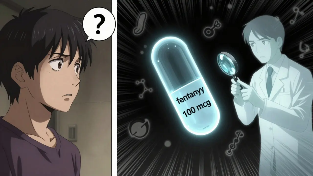 A patient comparing a pill to its transparent chemical label with a pharmacist guiding them.