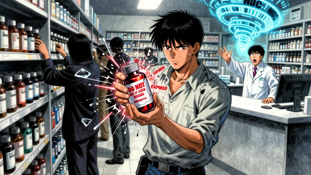 A patient surrounded by exploding warning text and floating medical symbols in a pharmacy.