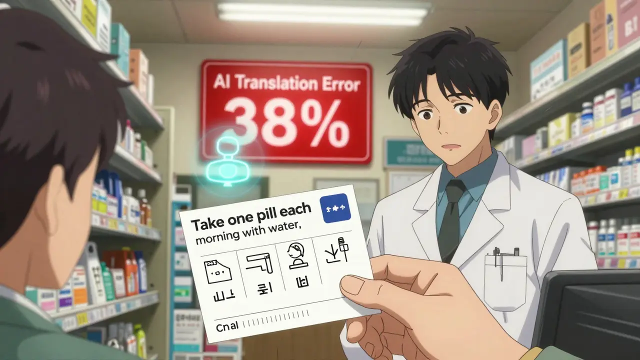 A pharmacist hands a patient a Korean prescription label with clear pictograms and simple instructions.