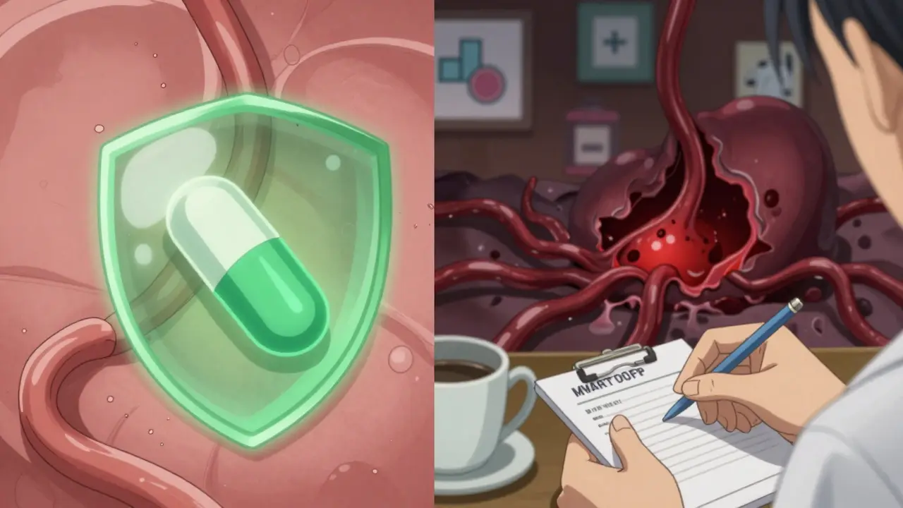 A protective pill shielding a healing stomach while a bleeding ulcer recedes in the background.