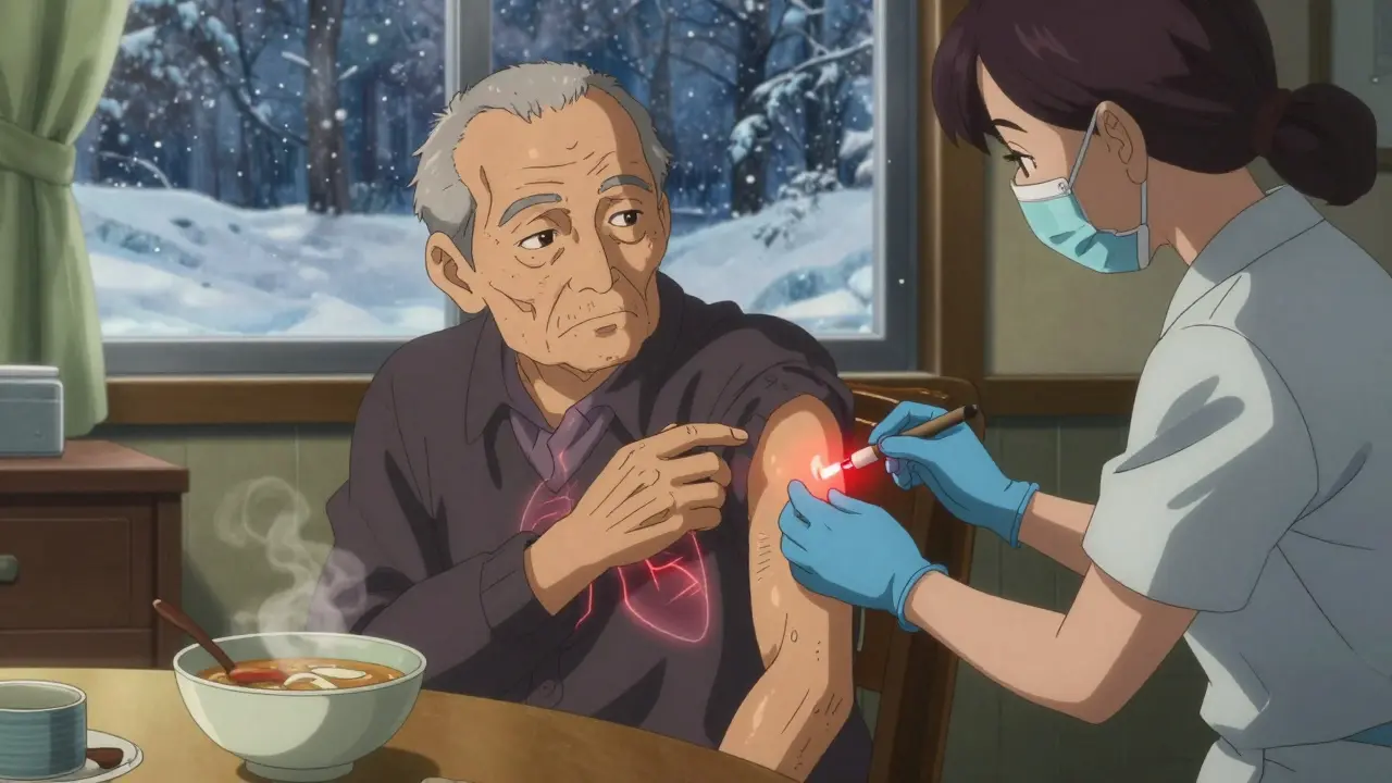 An elderly man receiving an RSV vaccine at home, his wife holding his hand as snow falls outside the window.
