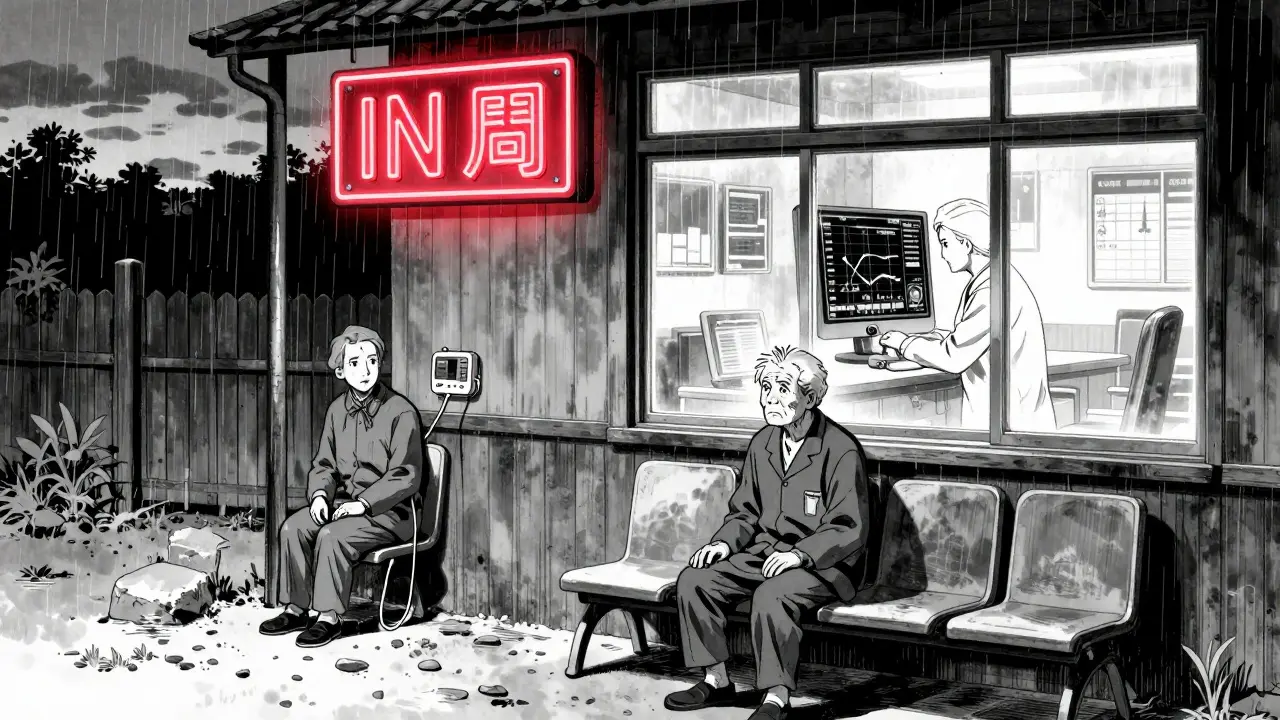 An elderly patient waiting outside a rural clinic with a home monitor.