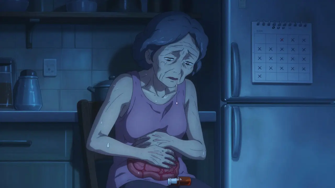 An elderly woman clutching her abdomen, pale and tired, with internal bleeding visible beneath her skin.
