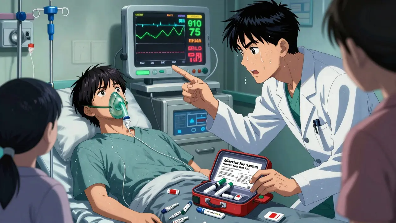 An emergency room scene with a diabetic patient on IV, doctor pointing at monitors, sick-day kit open on the floor.