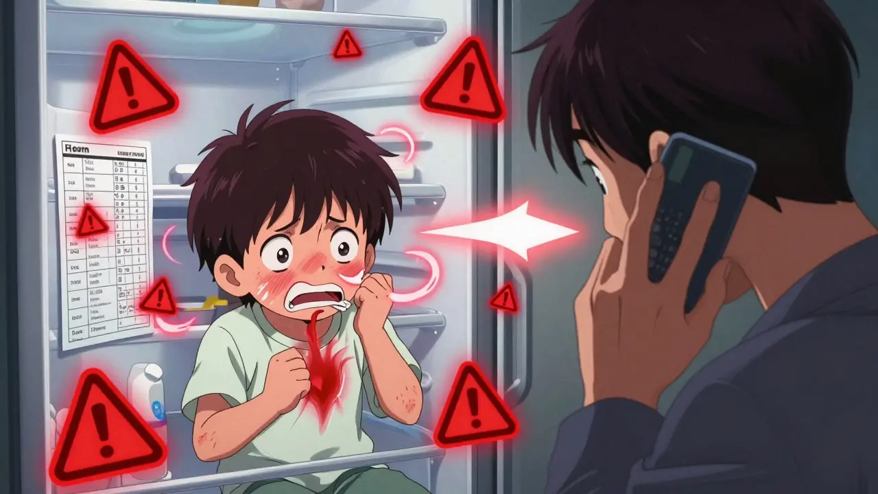 Child overdosing on antihistamine with warning symbols and parent calling Poison Control