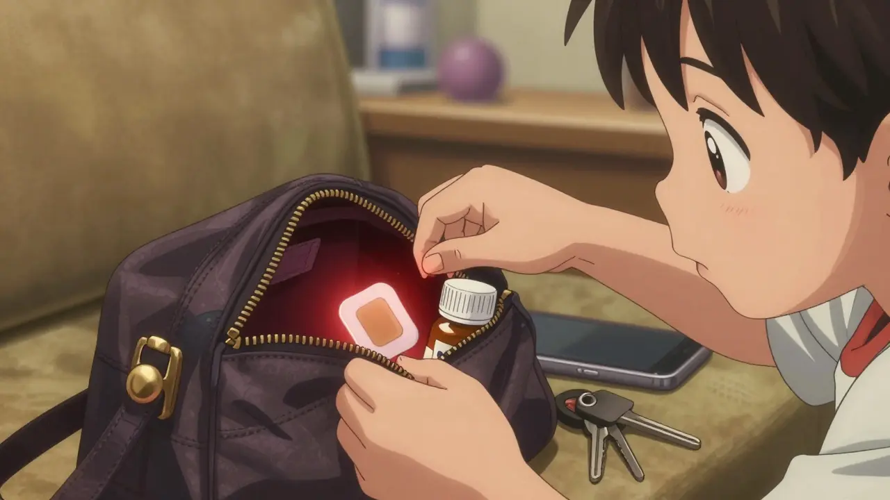 Child pulling open a purse to find nicotine patches and pills left by a visitor.