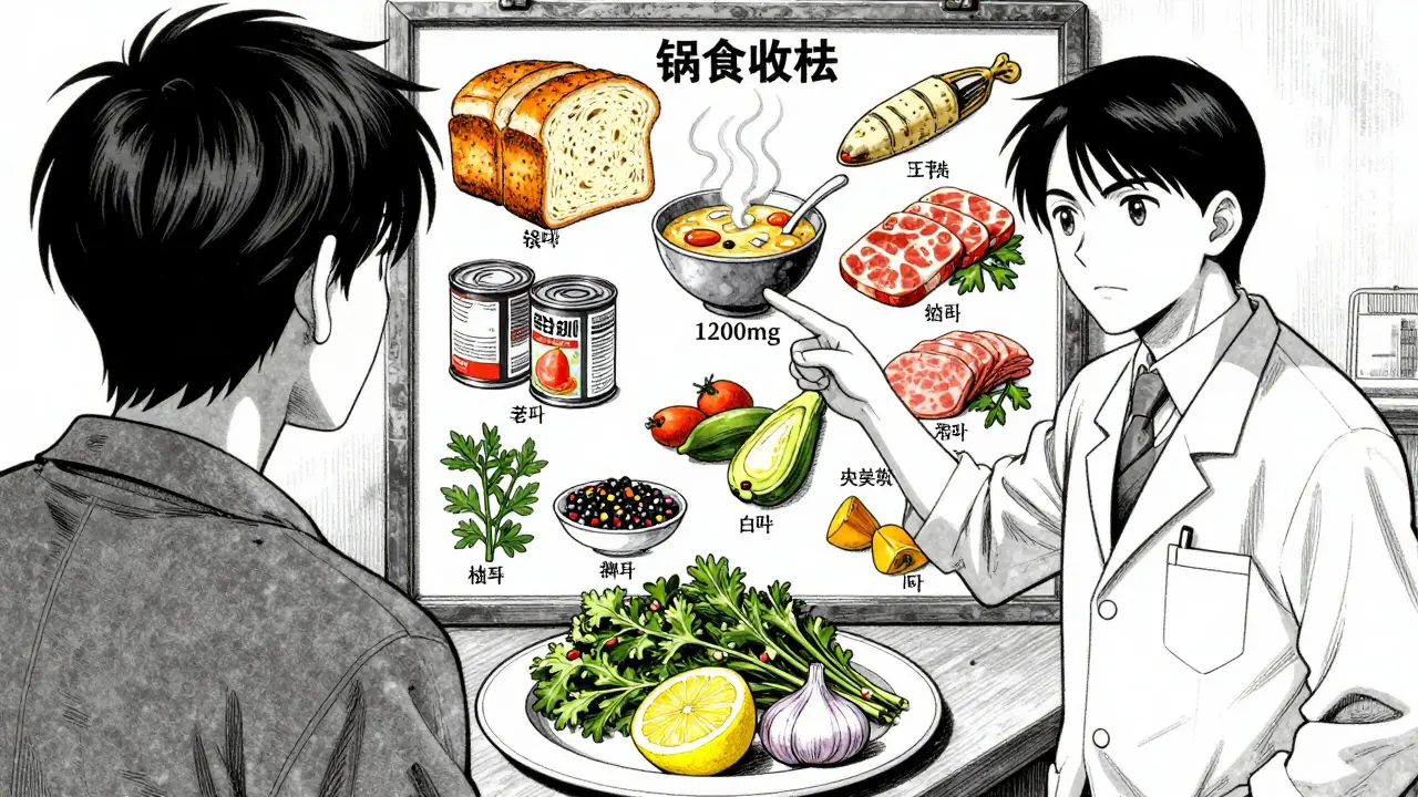 Dietitian showing patient a food chart with hidden sodium sources, contrasting processed food with fresh herbs and vegetables.