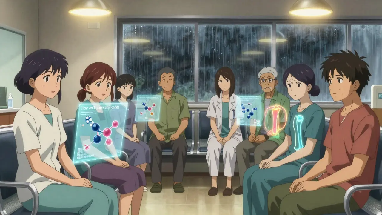 Diverse patients in a clinic with floating molecular overlays showing different hyaluronic acid types.