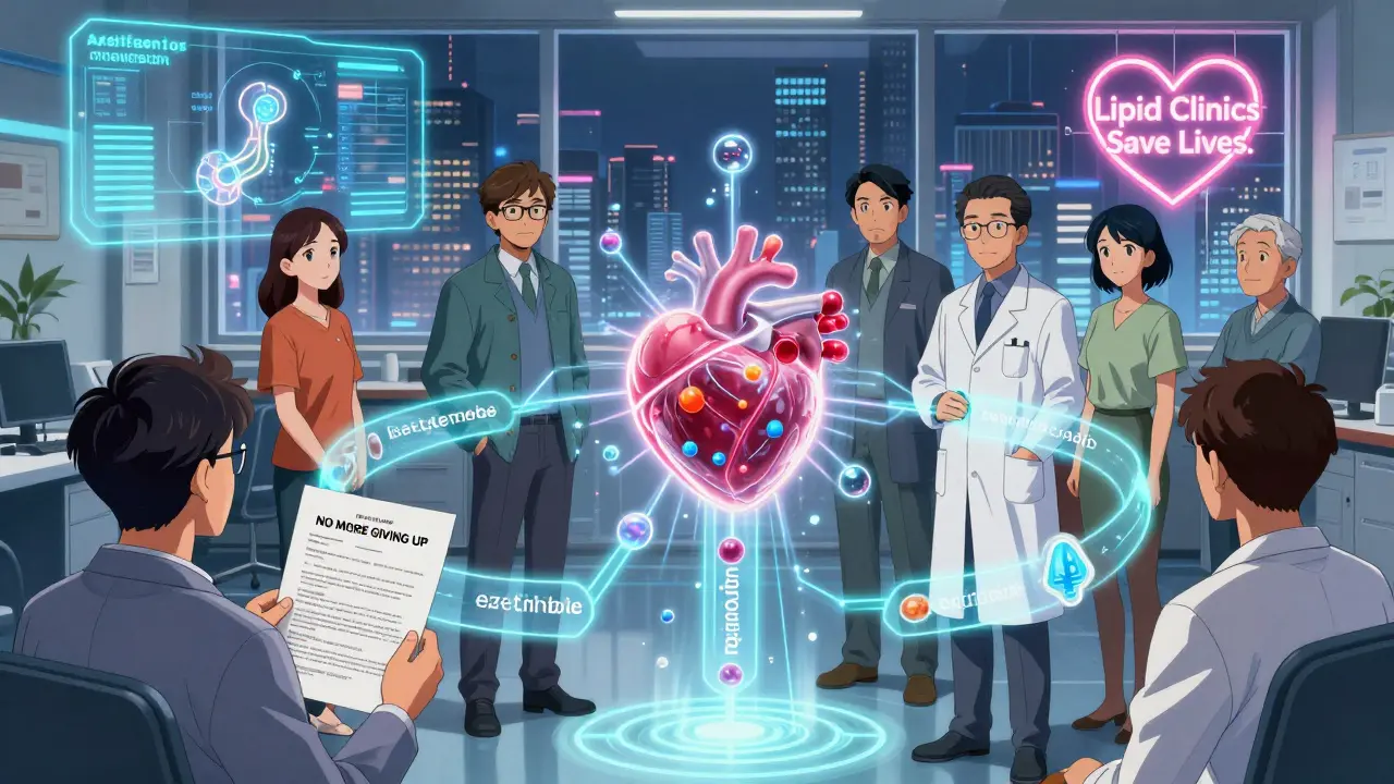 Diverse patients in futuristic clinic surrounded by floating lipid-lowering treatment pathways.