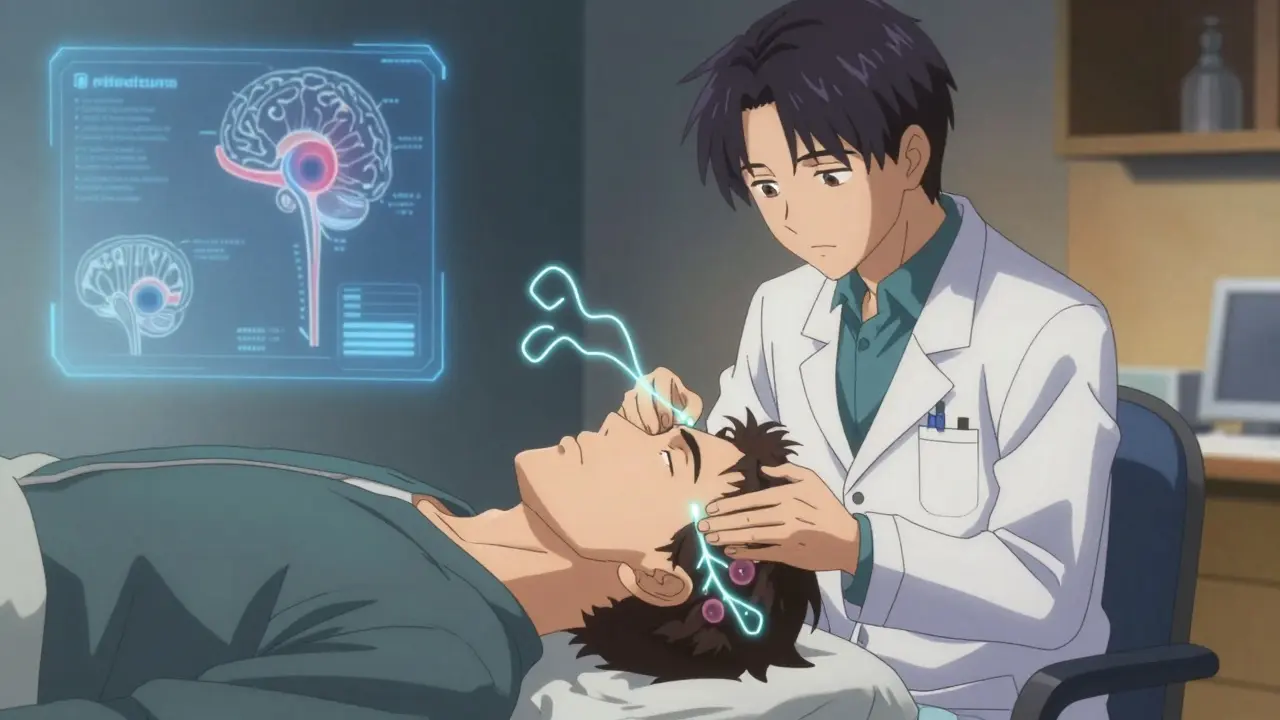 Doctor performing the Epley maneuver on a patient, with glowing neural pathways and eye movement trails.