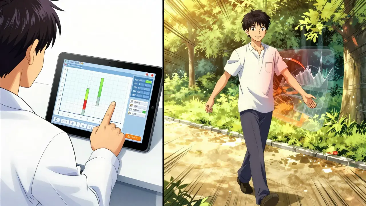 Doctor showing digital tapering tool to patient walking in park, symptom meters fading as they heal.