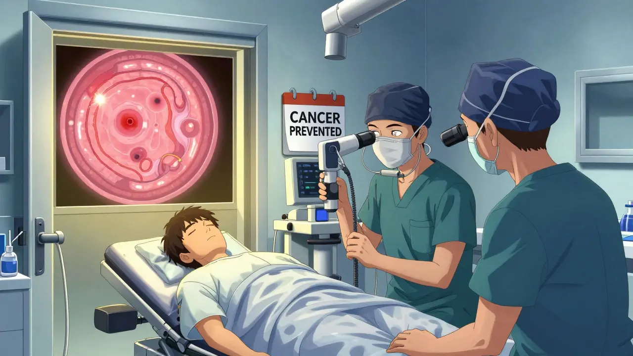 Endoscope view showing clean colon with small polyp detected during cancer screening.