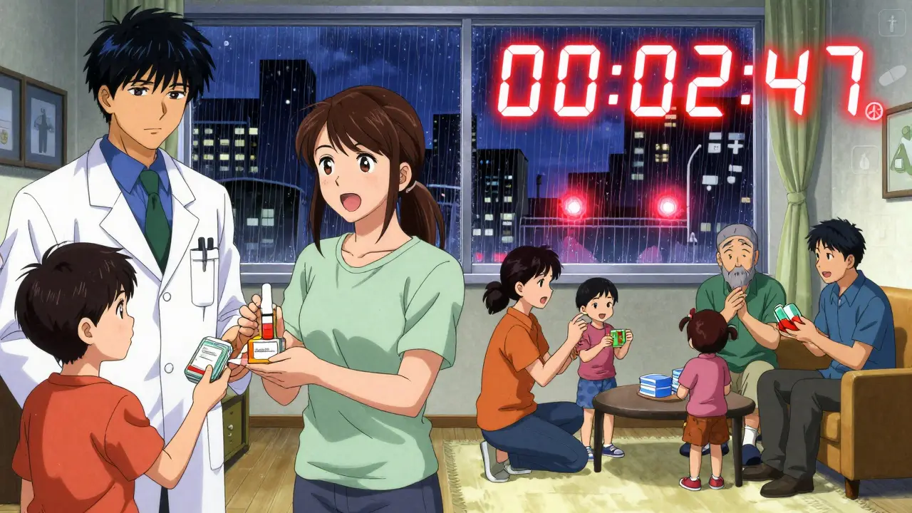 Family receiving naloxone from a pharmacist and practicing rescue steps at home.