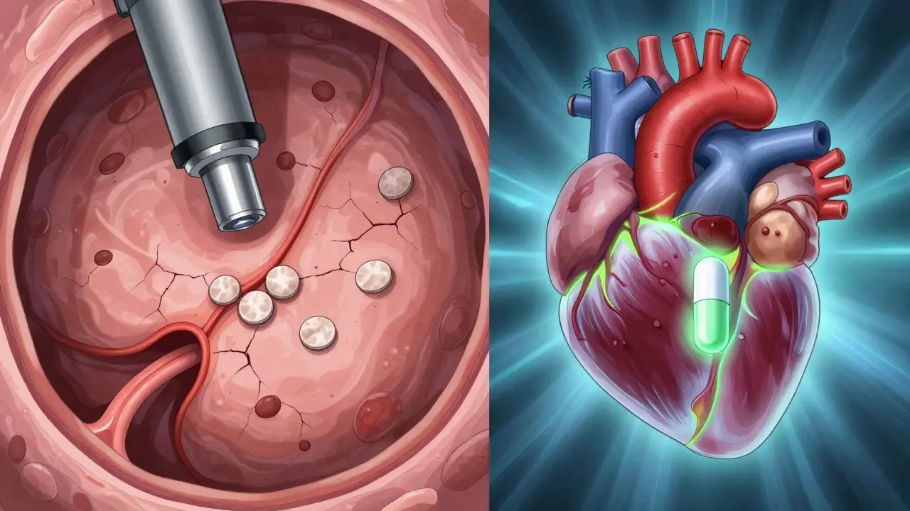 Microscopic view of damaged stomach lining with failing platelets beside a protective PPI pill glowing green.
